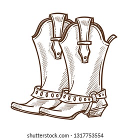 American symbol cowboy boots leather footwear isolated sketch vector rodeo shoes western style Texas ranch or farm America culture equestrian accessory sheriff clothes travel and tourism USA.