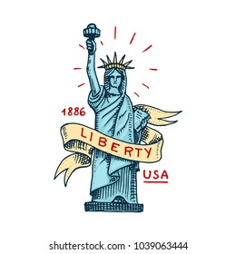 american symbol. Statue of Liberty or freedom. New York landmark. engraved hand drawn in old sketch. label or badge.