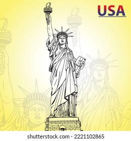 American symbol - Statue of Liberty. New York, USA, Panorama of Statue of Liberty in New York City