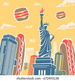 American Symbols Architecture and Food Vector Background