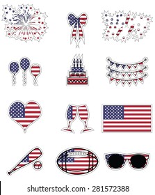 American symbols celebration and symbols presented on the american flag background in  stickers style  