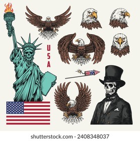 Símbolos americanos coloridos estampados con águilas calvas en diferentes posiciones y banderas patrióticas cerca de la estatua de la ilustración vectorial de la libertad