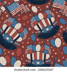 American symbols pattern seamless vintage colorful top hats with balloons and national flags for independence day patriotic advertising vector illustration