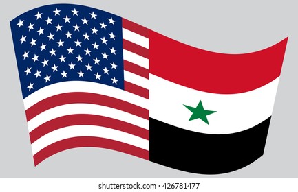 American and Syrian flags waving on gray background