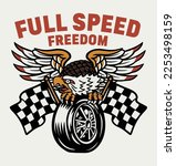 American Tattoo Style Eagle on Motorcycle Tyre Between Two Racing Flags Illustration and A Slogan Artwork on White Background For Apparel and Other Uses