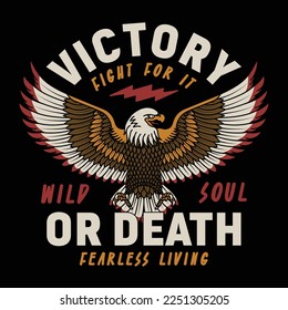 American Tattoo Style Eagle With Wings Spread Out Illustration with Victory or Death Slogan Vector Artwork on Black Background for Apparel and Other Uses