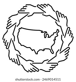 American teamwork icon, group of people holding arms around US map, community working together concept, helping hand, diversity and inclusion, isolated line vector illustration, 