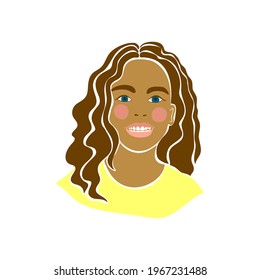American teens black person girl. Beautiful women face vector illustration. Isolated flat vector. Cheerful smiling happy child portrait. Positive model. Social diversity.