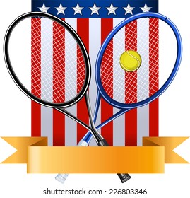 American tennis emblem with rackets ball and USA flag vector illustration, with seven stars and banner.