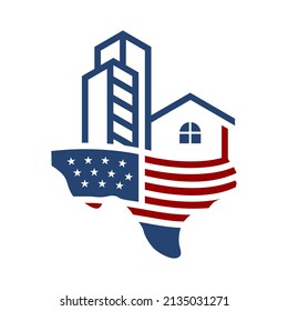 American Texas Realty
Texas-Karte kombiniert, US-Flagge und ein Gebäude