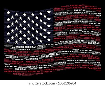 American text items are arranged into waving United States flag stylization on a dark background. Vector composition of America state flag is composed from American text items.