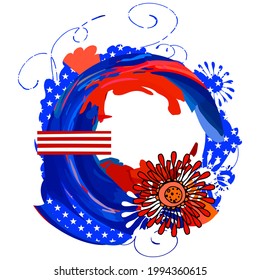American theme with a flag. Abstract illustration for printing on gift products. Round sublimation with flowers and swirls. Patriotic illustration in red and blue colors. The holiday is July 4.