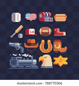 American theme. Pixel art. Sports Equipment. Cowboy accessories. Wild west elements. 80s. Isolated abstract vector illustration.
