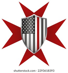 American thin red line flag in the form of a medieval shield, vector illustration