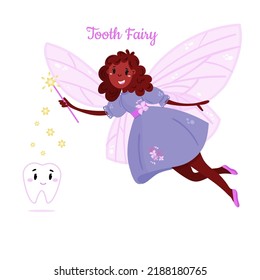 American Tooth Fairy with tooth. Beautiful black princess with magic wand. Happy girl with wings and magic stick for dental banner.