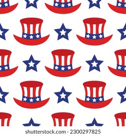 American top hat seamless vector pattern. Traditional national cap with stars, white stripes. USA Independence Day, July 4th. Freedom holiday. Flat cartoon background for posters, print, card, web