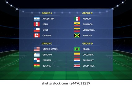 American tournament 2024 all groups. Soccer cup broadcast graphic template. All flags