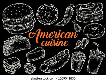 American traditional food cuisine vector hand drawn illustration set, menu with burger, hot dog, burrito, fries, soda, cheesecake, donuts, pancakes, chicken crispy wings and other ingredients.