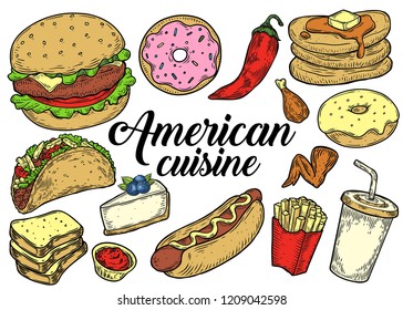 American traditional food cuisine vector hand drawn illustration set, menu with burger, hot dog, burrito, fries, soda, cheesecake, donuts, pancakes, chicken crispy wings and other ingredients.