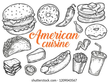 American traditional food cuisine vector hand drawn illustration set, menu with burger, hot dog, burrito, fries, soda, cheesecake, donuts, pancakes, chicken crispy wings and other ingredients.