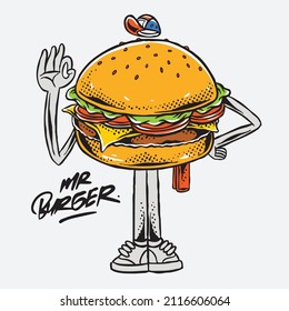 American traditional food cuisine vector hand drawn illustration set, menu with burger, fries, soda, with graffiti style.