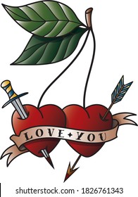 American traditional heart - shaped cherry tattoo. Pierce with an arrow and a dagger. A ribbon that says I love you. Old school vector illustration.