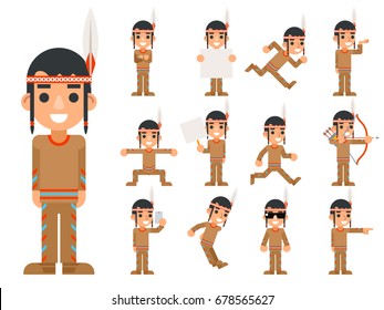 American Traditional Native Tribal Culture Feather Indian Boy In Different Poses And Actions Teen Characters Set Icons Isolated Flat Design Vector Illustration