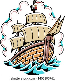 american traditional ship tattoo vector illustration