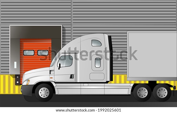 American trailer at the gate of\
the warehouse logistics center, close-up. Flat vector\
illustration.