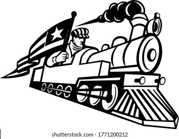 American Train Engineer Driving Steam Locomotive Mascot Black and White