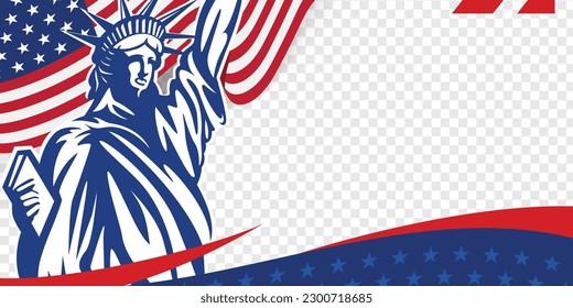 American transparent banner background with waving flag, and statue of liberty. Vector design.