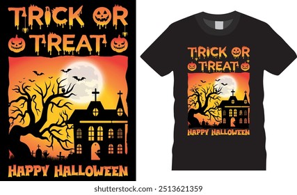 American Trick or treat Halloween vector t-shirt Design. Trick or treat Typography t-shirt Design perfect for any Halloween party lovers. Scary 2024 Halloween t-shirt design ready for any print item.