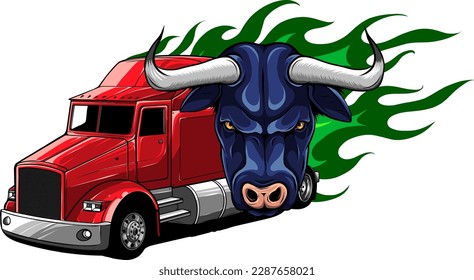 american truck with bull and flames vector illustration design