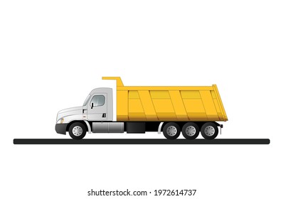 American truck dump truck for the transportation of bulk cargo with a lifting capacity of 40 tons. Flat vector illustration.