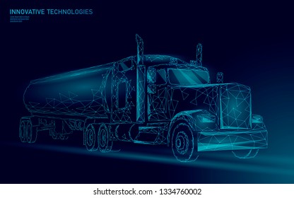 American truck low poly. Logistic transportation business trailer. Fast speed industry cargo delivery big heavy vehicle perspective view on highway. 3D vector illustration