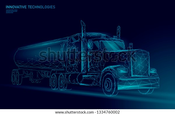 American truck low poly.\
Logistic transportation business trailer. Fast speed industry cargo\
delivery big heavy vehicle perspective view on highway. 3D vector\
illustration