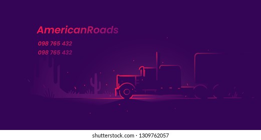 American Truck Neon Style Outline Illustration. Business Card/flyer/banner Template. Vector.