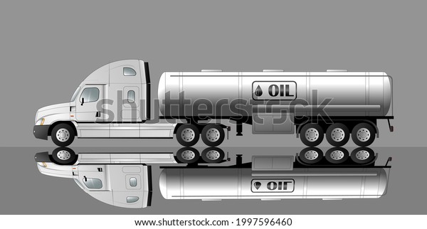 American truck with oil tanker and oil\
sign. Vector flat\
illustration.