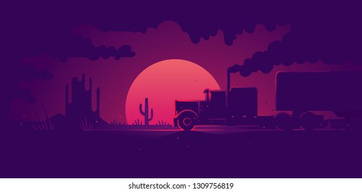 American Truck on a road with sunset on the background illustration. Vector. 