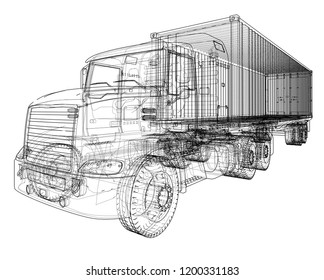 American truck outlined vector rendering of 3d. The layers of visible and invisible lines are separated