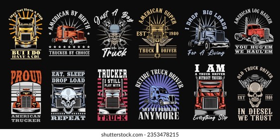 American Truck Vector T-shirt Designs Bundle, Truck Driver T shirt Designs Set, Graphic T-shirt for American Trucker, Retro Vintage Truck Designs Collection for Apparel. Vector Illustration