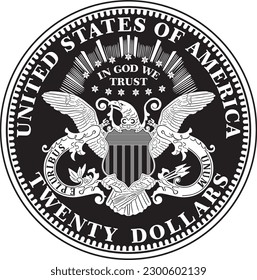 American twenty dollars gold coin vector design handmade silhouette.
