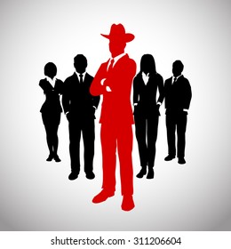 American Tycoon leader in front of a team of executives. A successful team of executives led by a great american tycoon leader.