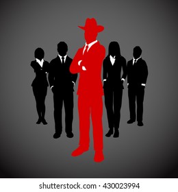 American Tycoon leader in red in front of a team of executives. A successful team of executives led by a great american tycoon leader in red.