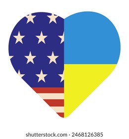 Amerikanische und Ukraine Flagge in Form von Herz isoliert transparenter Hintergrund. Ein Herz für zwei Konzepte. Ein Teil des Herzens auf weiß. Vektorgrafik für Web und Social Media. Design T-Shirt-Druck.