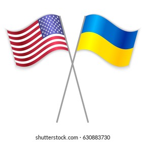 American and Ukrainian crossed flags. United States of America combined with Ukraine isolated on white. Language learning, international business or travel concept.