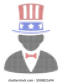 American Uncle Sam halftone vector pictograph. Illustration style is dotted iconic American Uncle Sam symbol on a white background. Halftone matrix is circle spots.