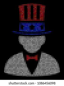 American Uncle Sam halftone vector pictogram. Illustration style is dotted iconic American Uncle Sam icon symbol on a black background. Halftone pattern is round blots.