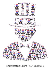 American Uncle Sam illustration created in the figure of american uncle sam design elements. Vector iconized collage organized from simple items.