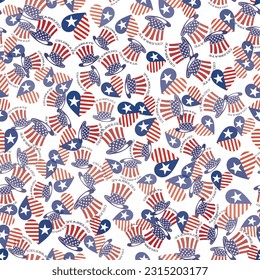 American Uncle Sam top hat or stovepipe hat, seamless background for Fourth of July, July 4th, 4th of July celebration. American Independence Day. Seamless pattern on transparent background.